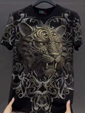 Black Rhinestone Tiger Head Graphic T-Shirt
