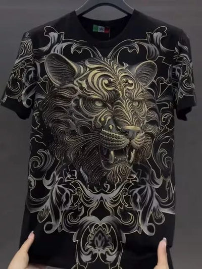 Black Rhinestone Tiger Head Graphic T-Shirt