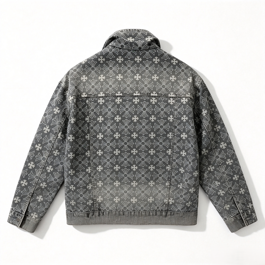 Dark Washed Cross Floral Denim Jacket