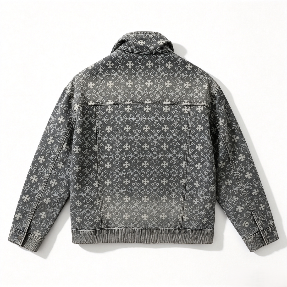 Dark Washed Cross Floral Denim Jacket
