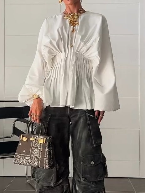 Volume Sleeve Pleated Cinched Waist Top