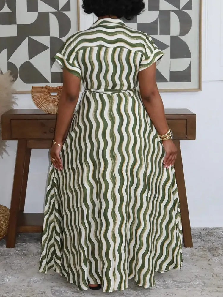 Ripple Print Notched Lapel Front Slit Casual Maxi Dresses