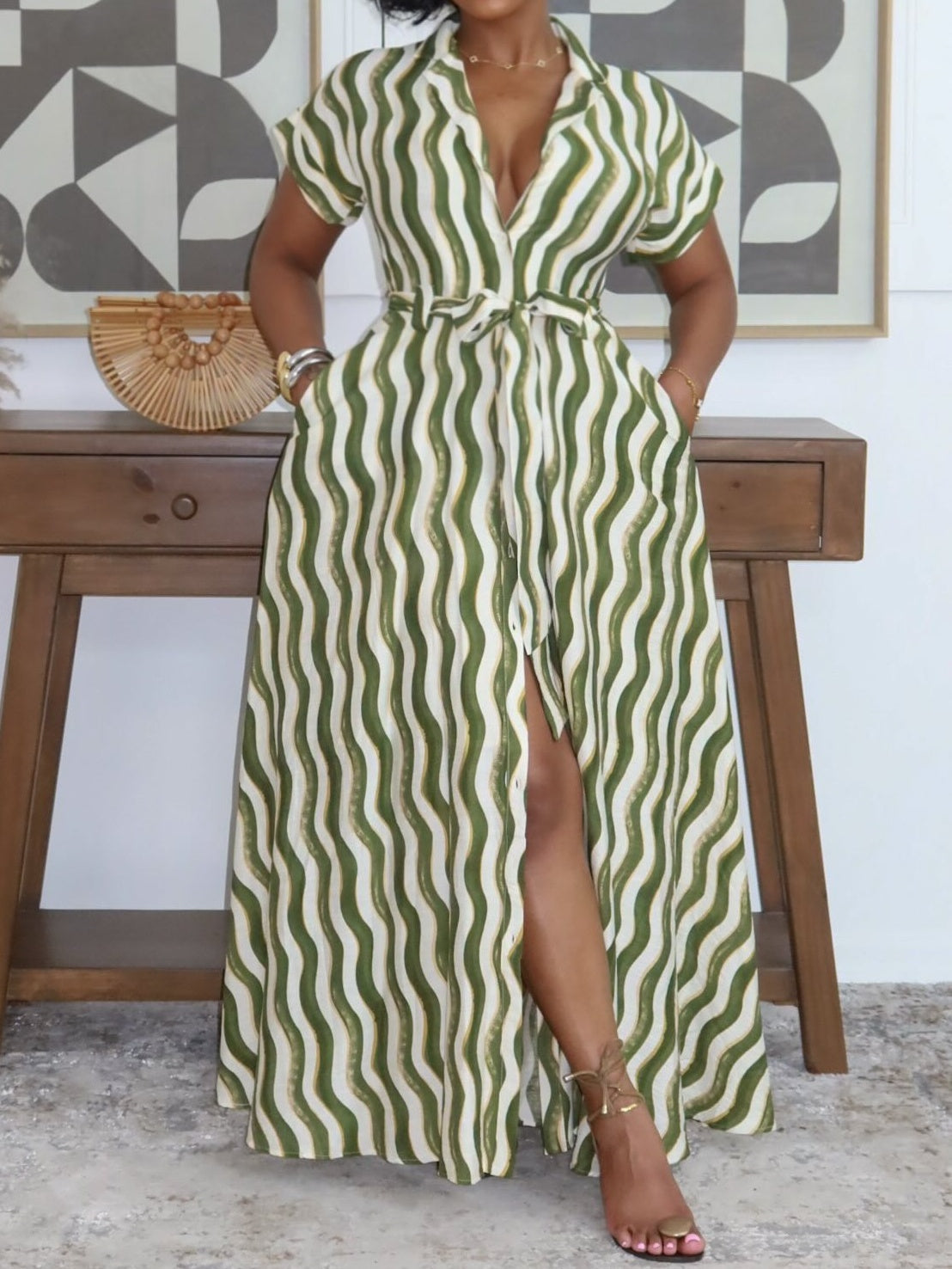 Ripple Print Notched Lapel Front Slit Casual Maxi Dresses
