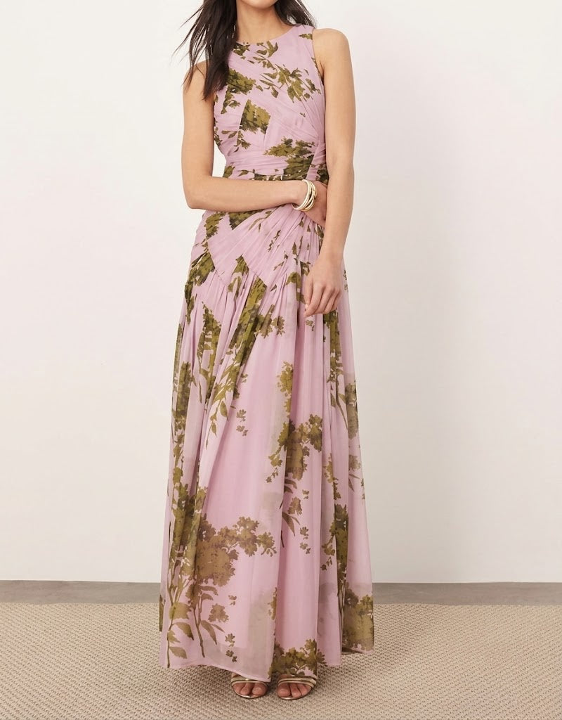Chiffon Ruched Panel Dropped Waist Volume Maxi Dress