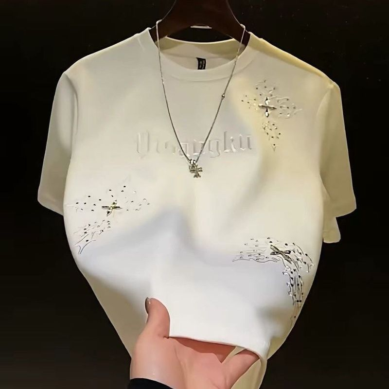 Embroidered Rhinestone Cotton T-Shirt