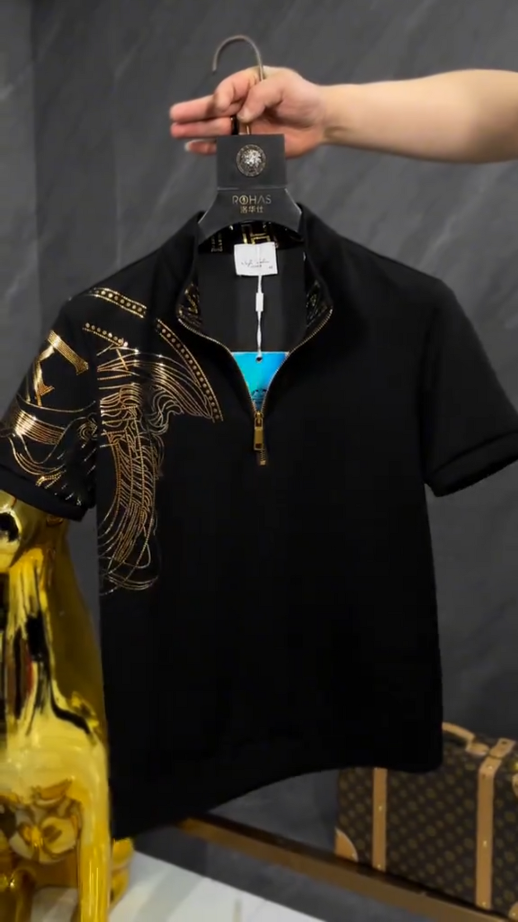 Black Gold Medusa Graphic Polo T-Shirt