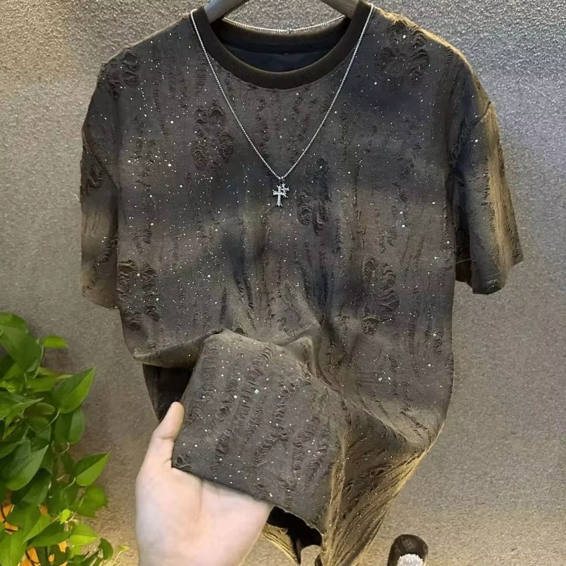 Men's Luxury Fashion Ripped Sequin T-shirt
