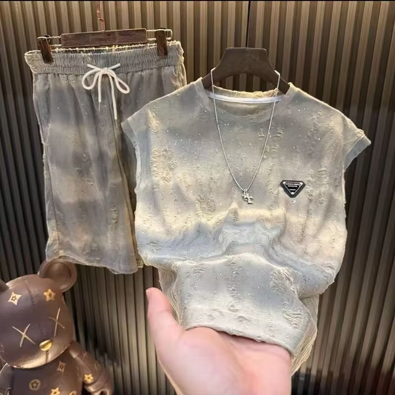 Rhinestone Distressed Sleeveless Tee and Shorts Set