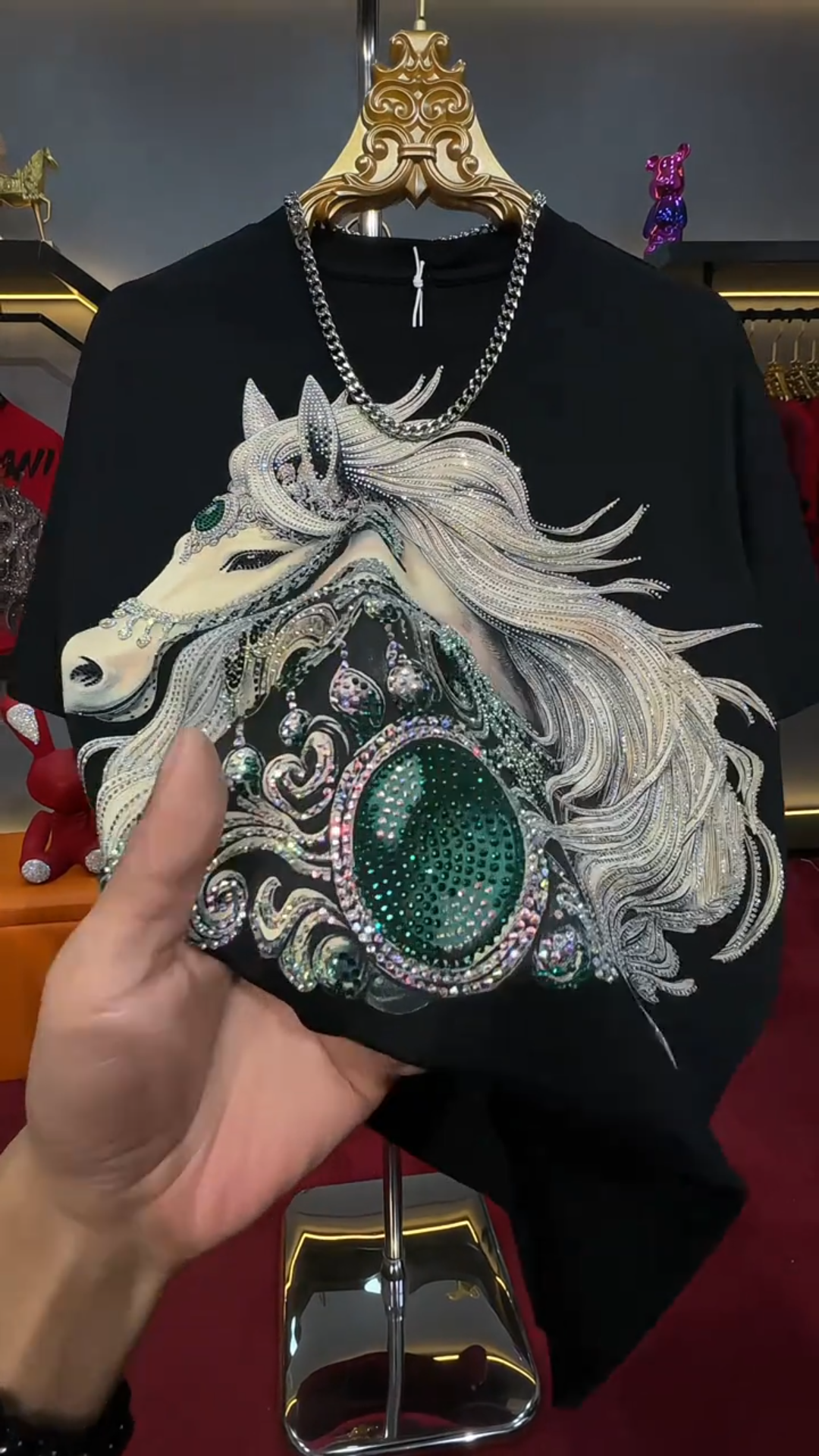 Rhinestone Horse Embroidered T-Shirt