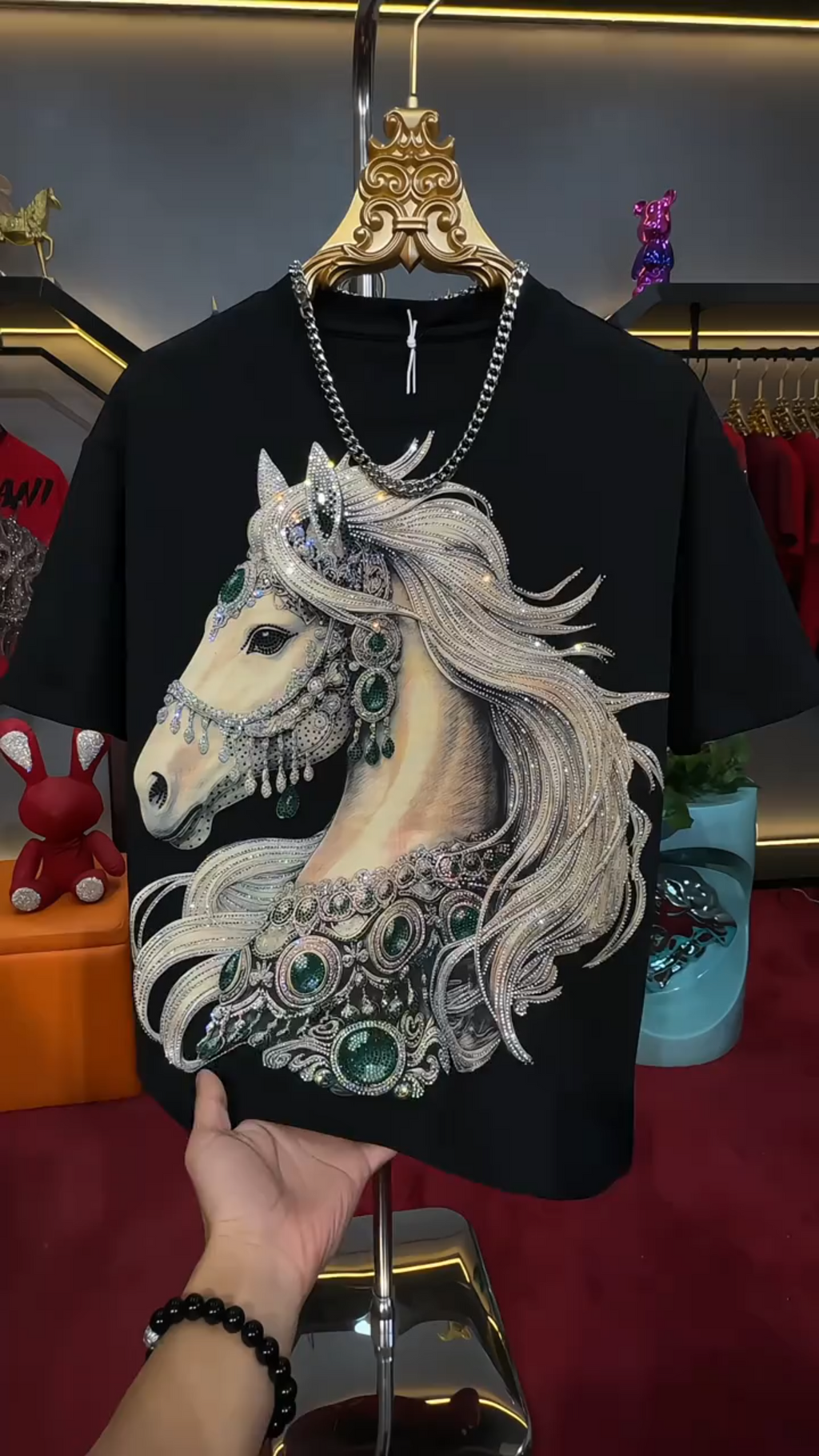 Rhinestone Horse Embroidered T-Shirt
