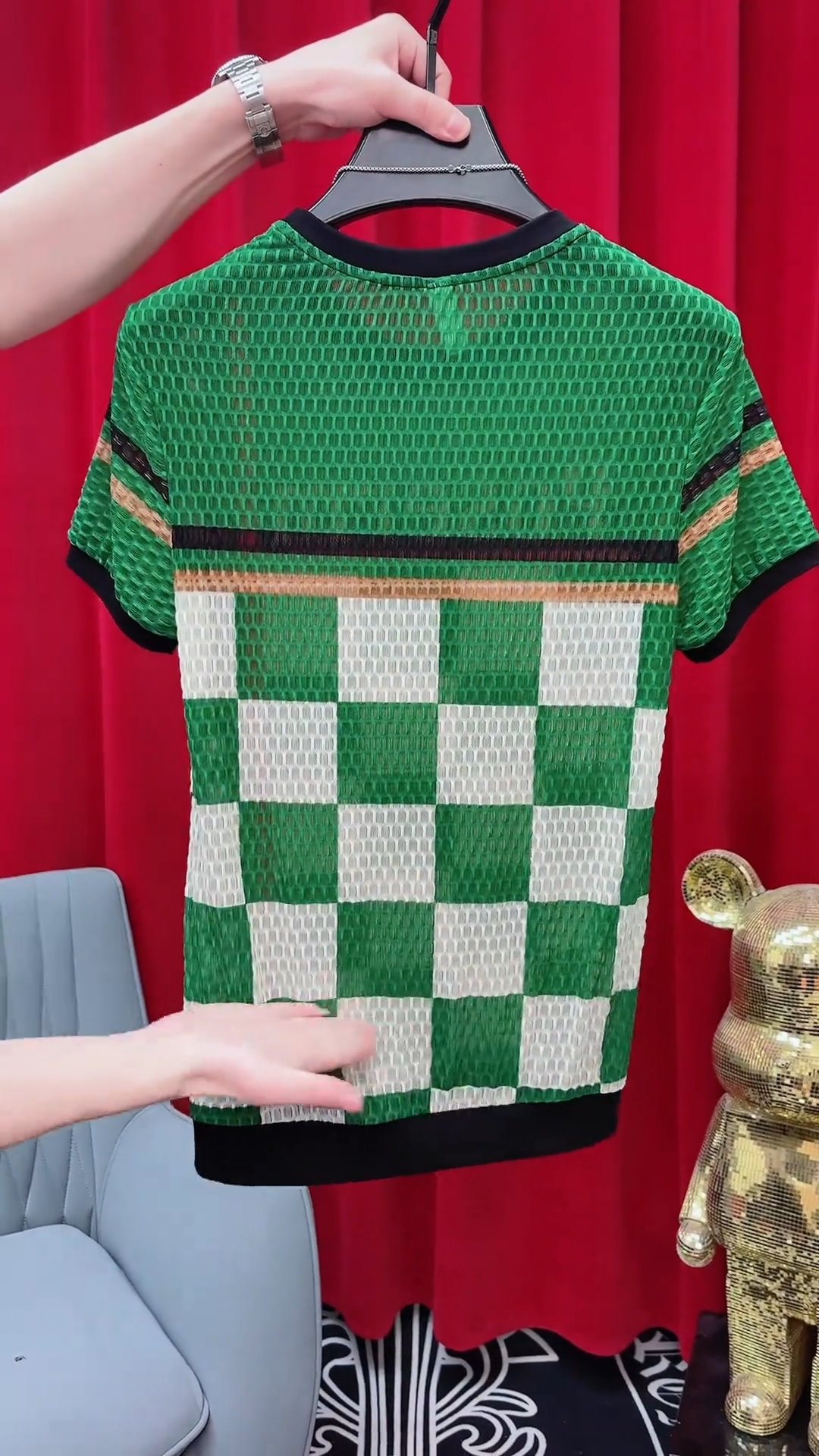 Green Checkerboard Knit T-Shirt