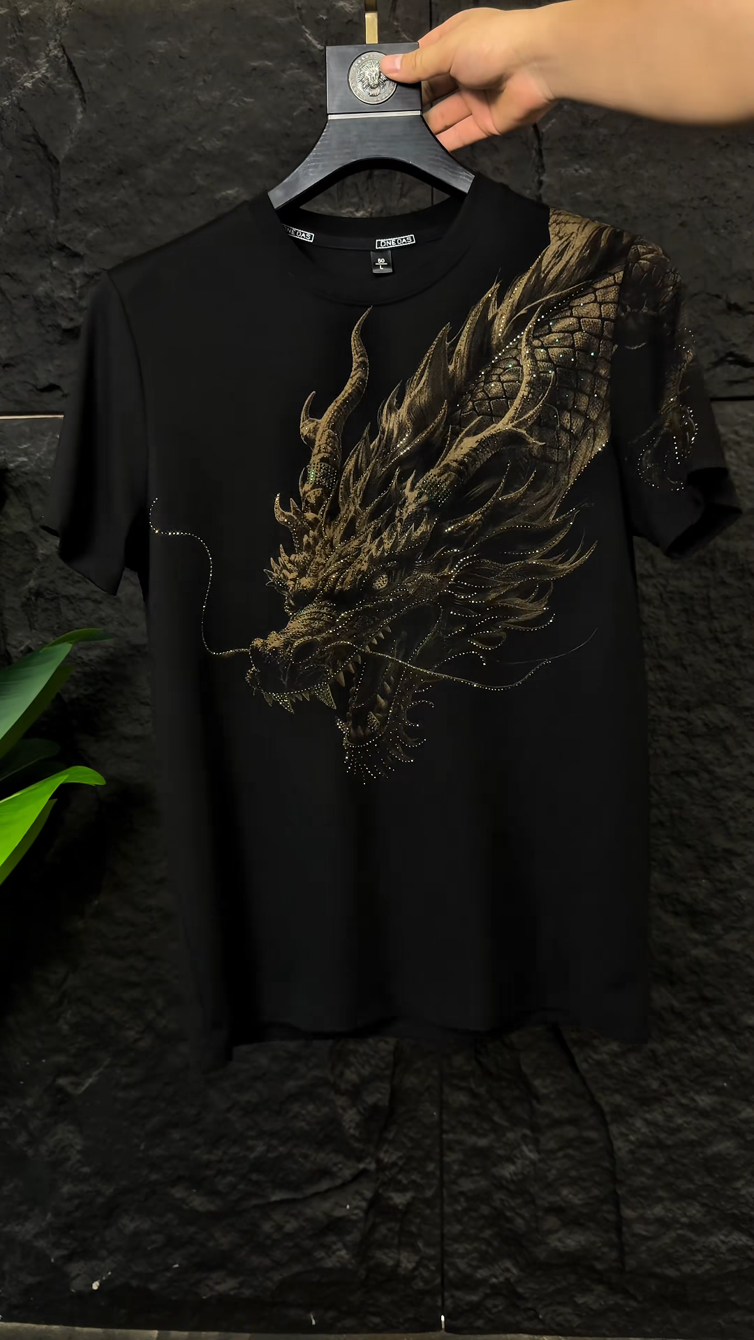 Gold Rhinestone Dragon Graphic T-Shirt