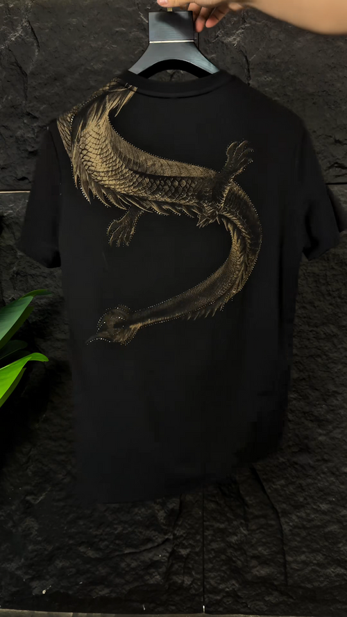 Gold Rhinestone Dragon Graphic T-Shirt
