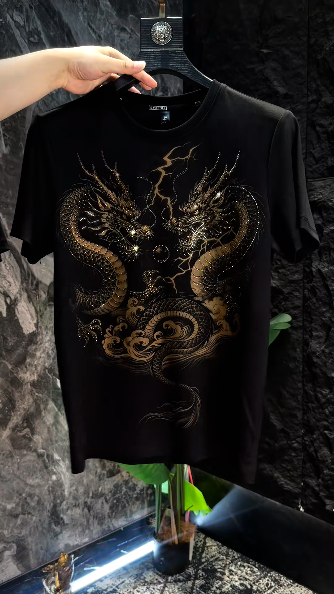 Double Dragon Rhinestone Graphic T-Shirt