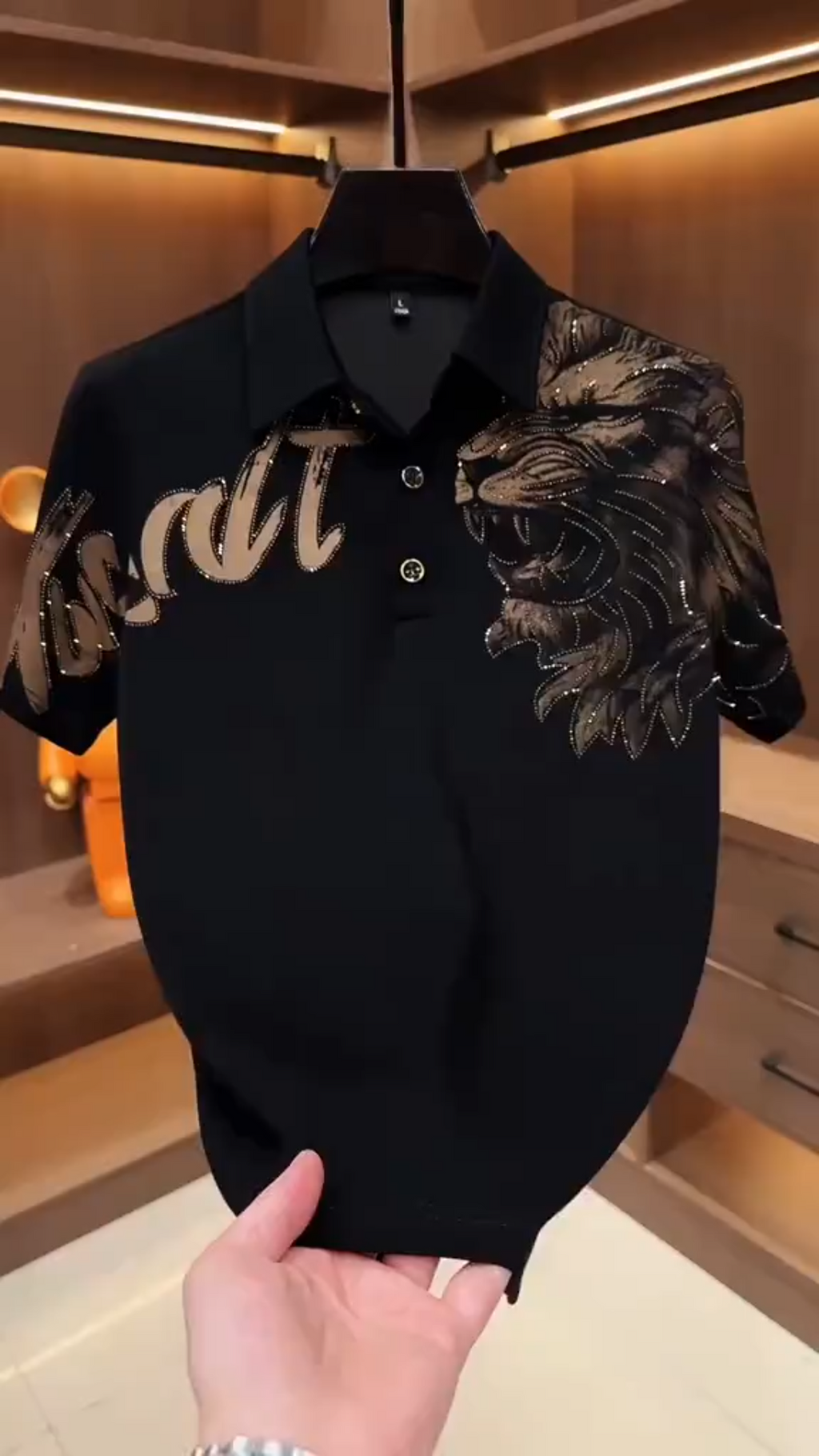 Gold Lion Rhinestone Polo Shirt