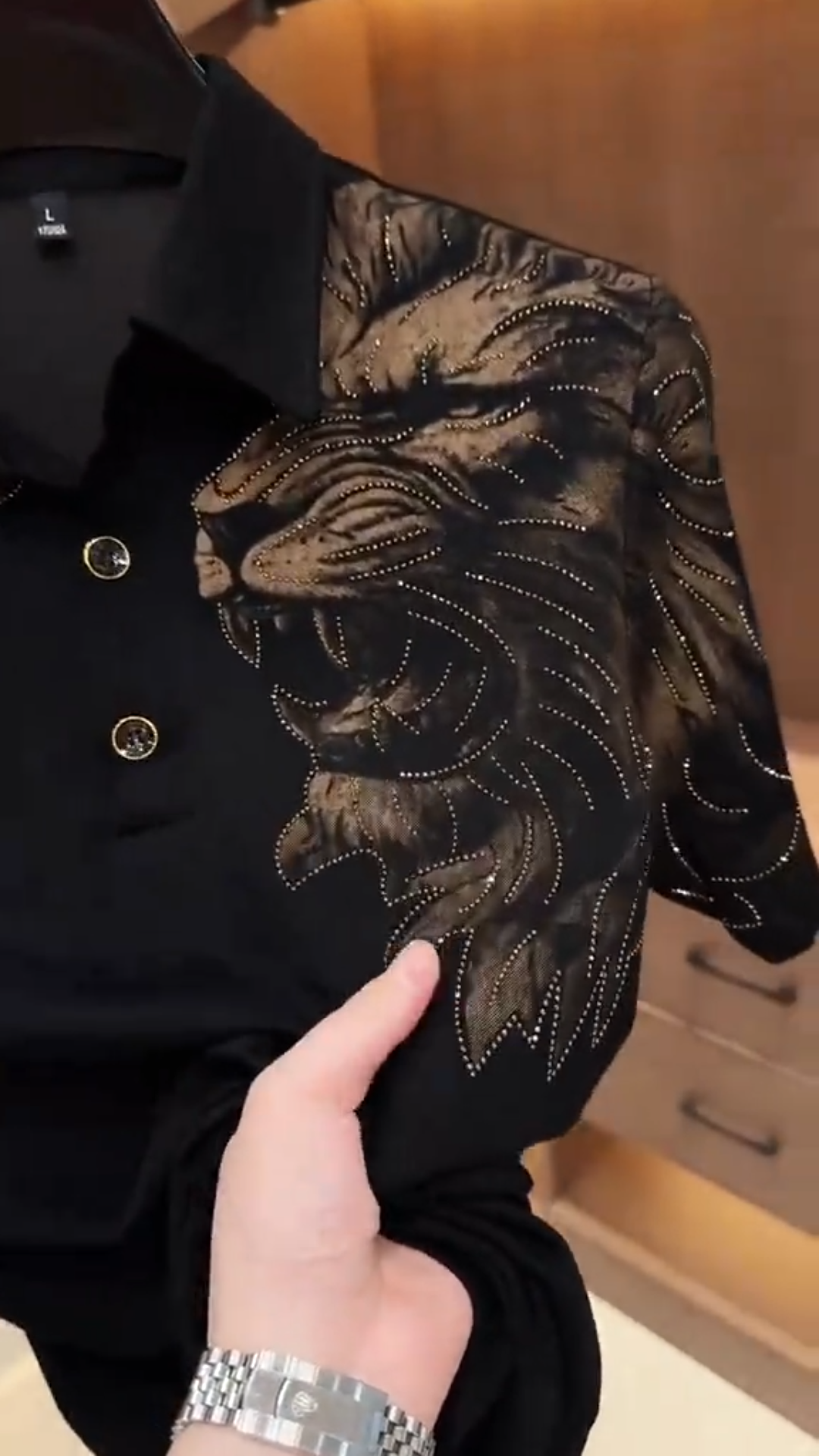 Gold Lion Rhinestone Polo Shirt