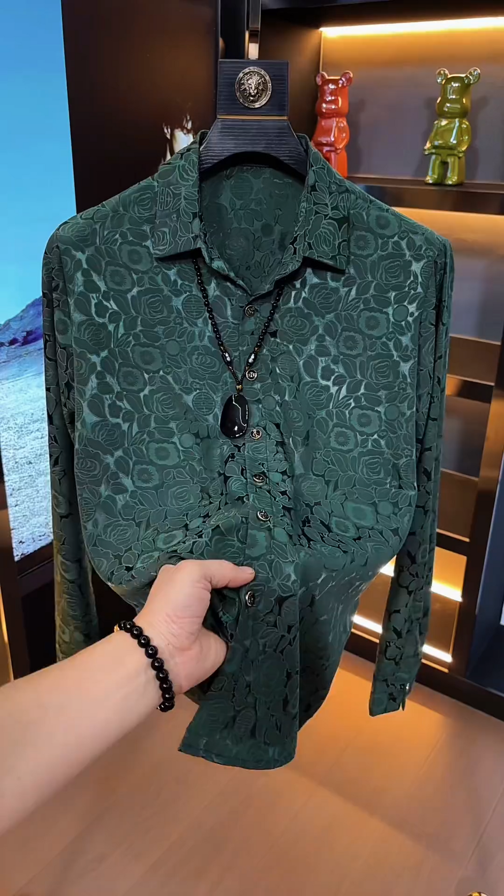 Dark Green Rose Jacquard Shirt