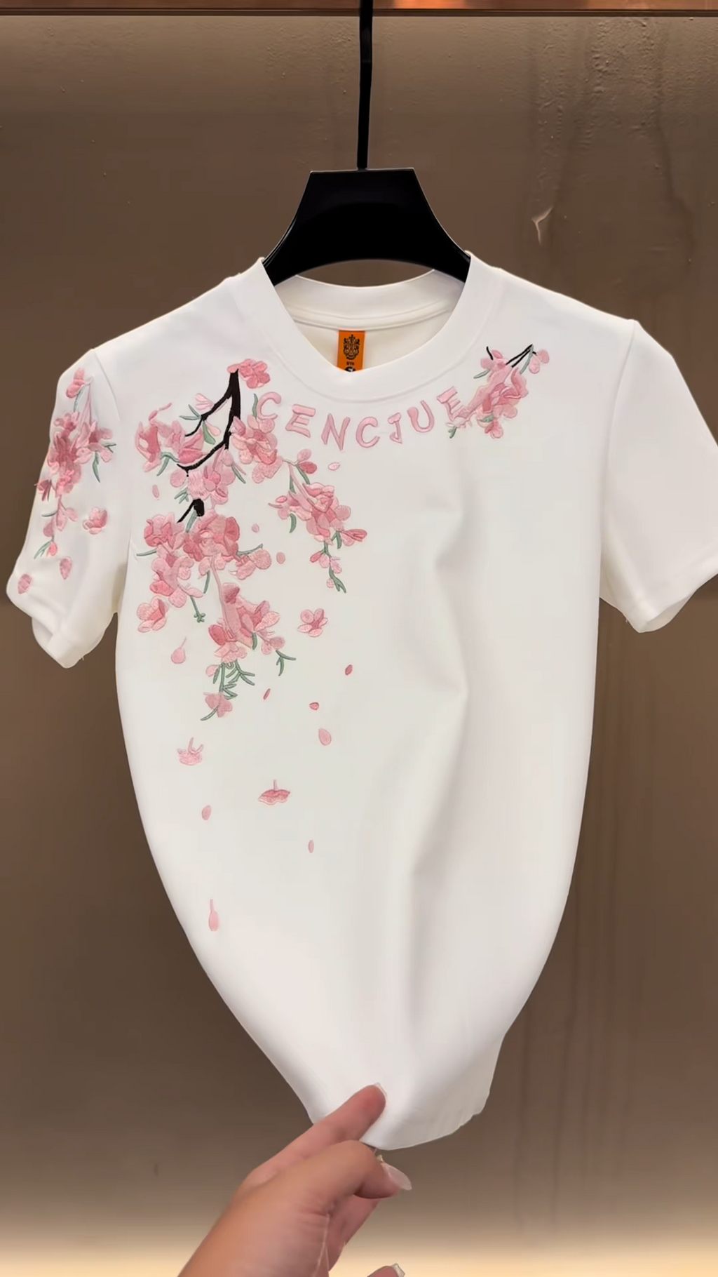 Pink Plum Blossom Embroidered T-Shirt