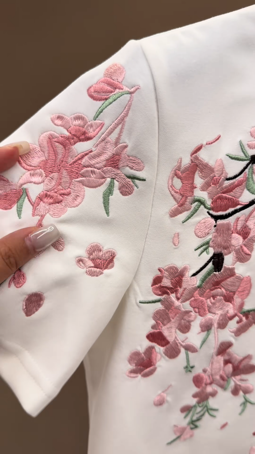Pink Plum Blossom Embroidered T-Shirt