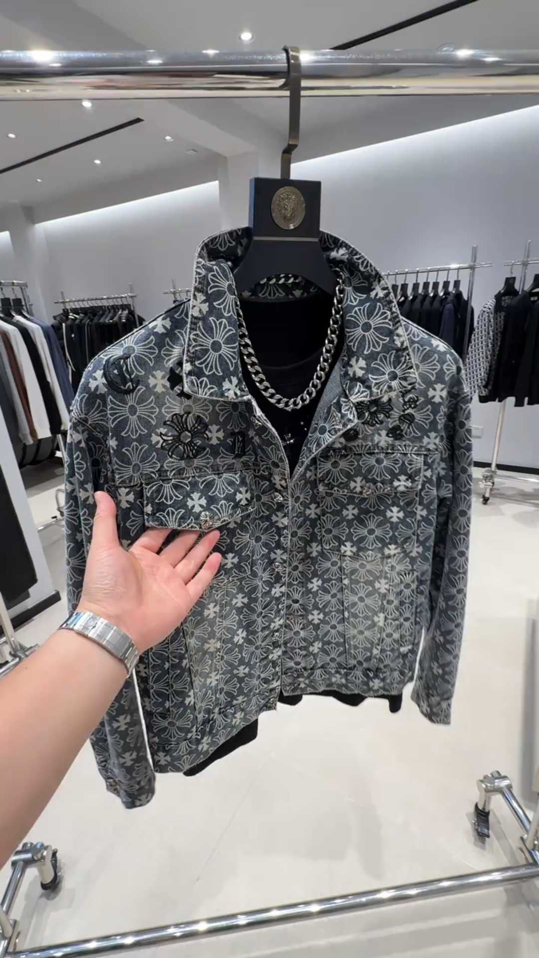 Dark Washed Cross Floral Denim Jacket