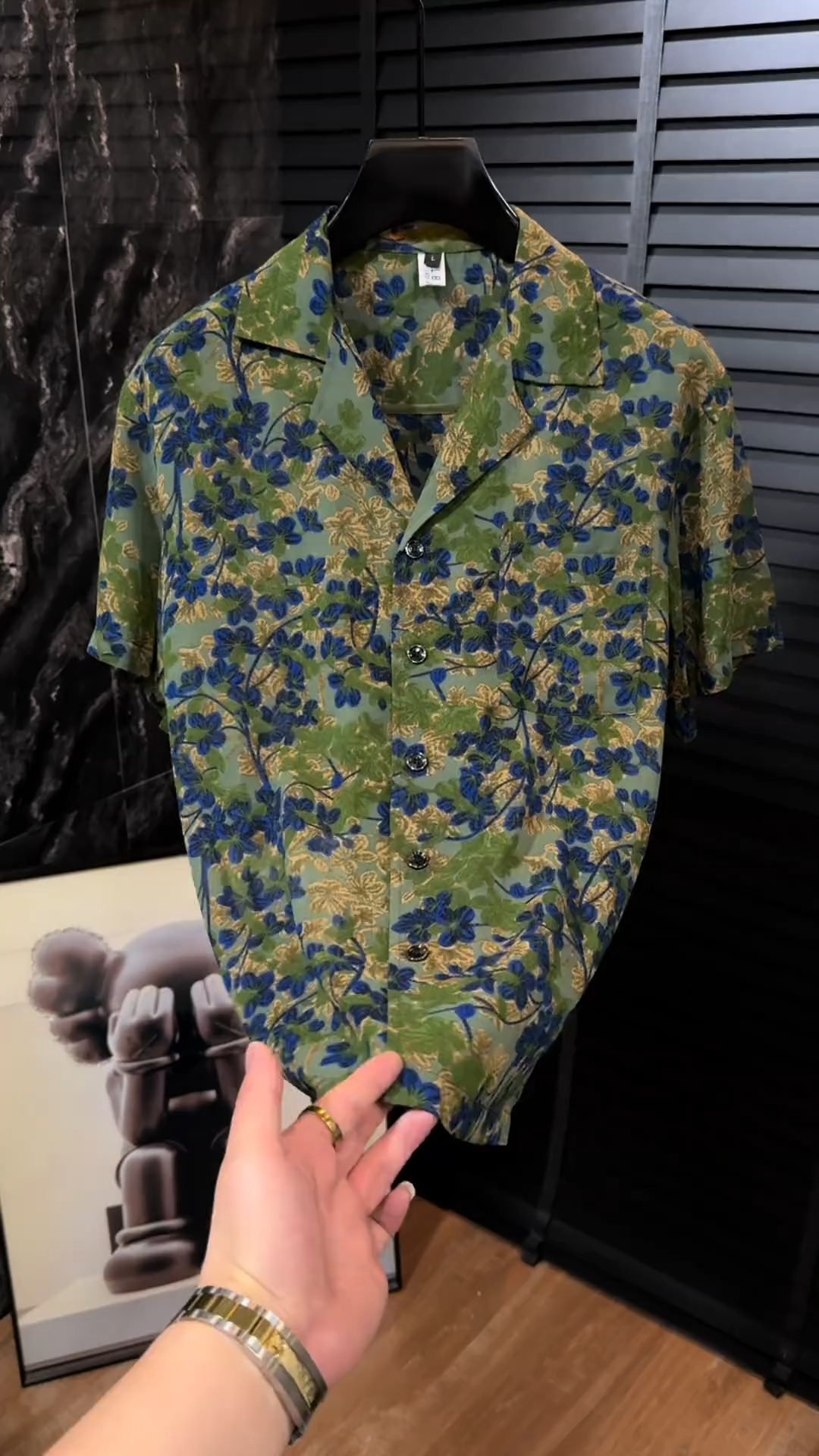 Green Blue Print Cuban Collar Shirt