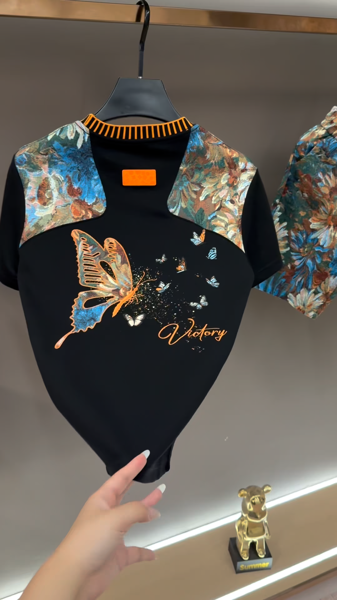 Black Orange Butterfly Embroidered T-Shirt
