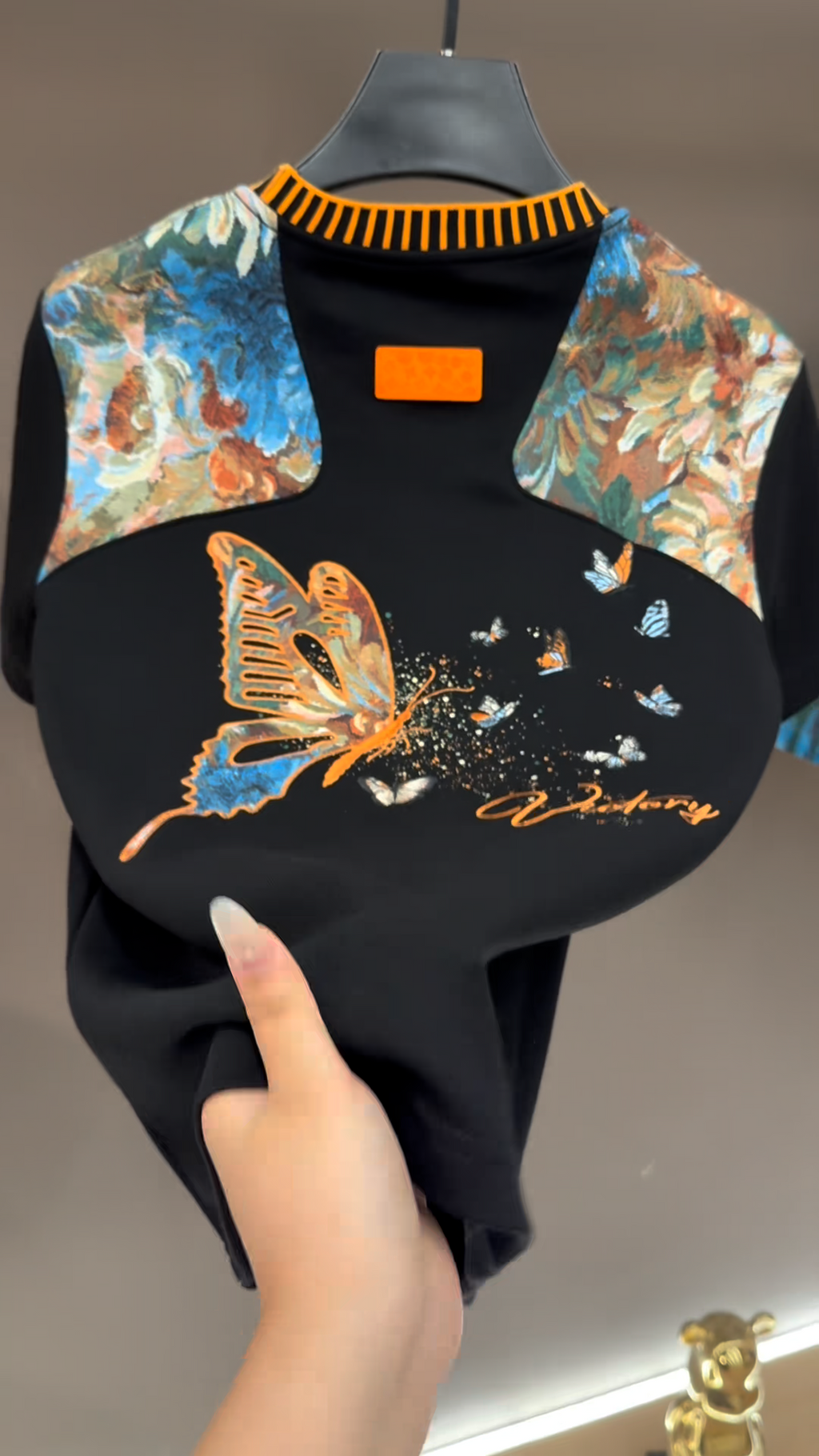 Black Orange Butterfly Embroidered T-Shirt