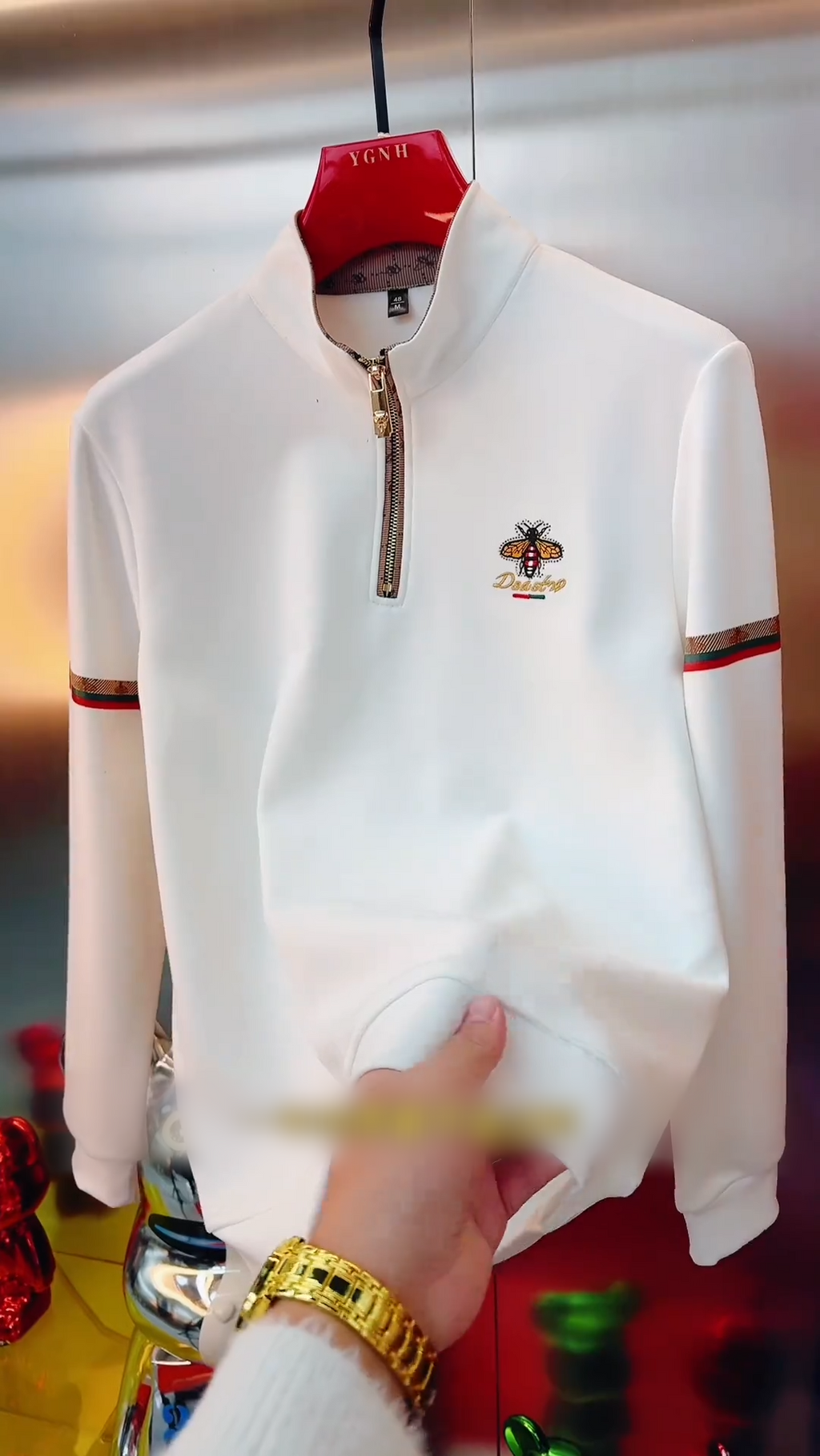 White Bee Embroidered Half-Zip Sweatshirt