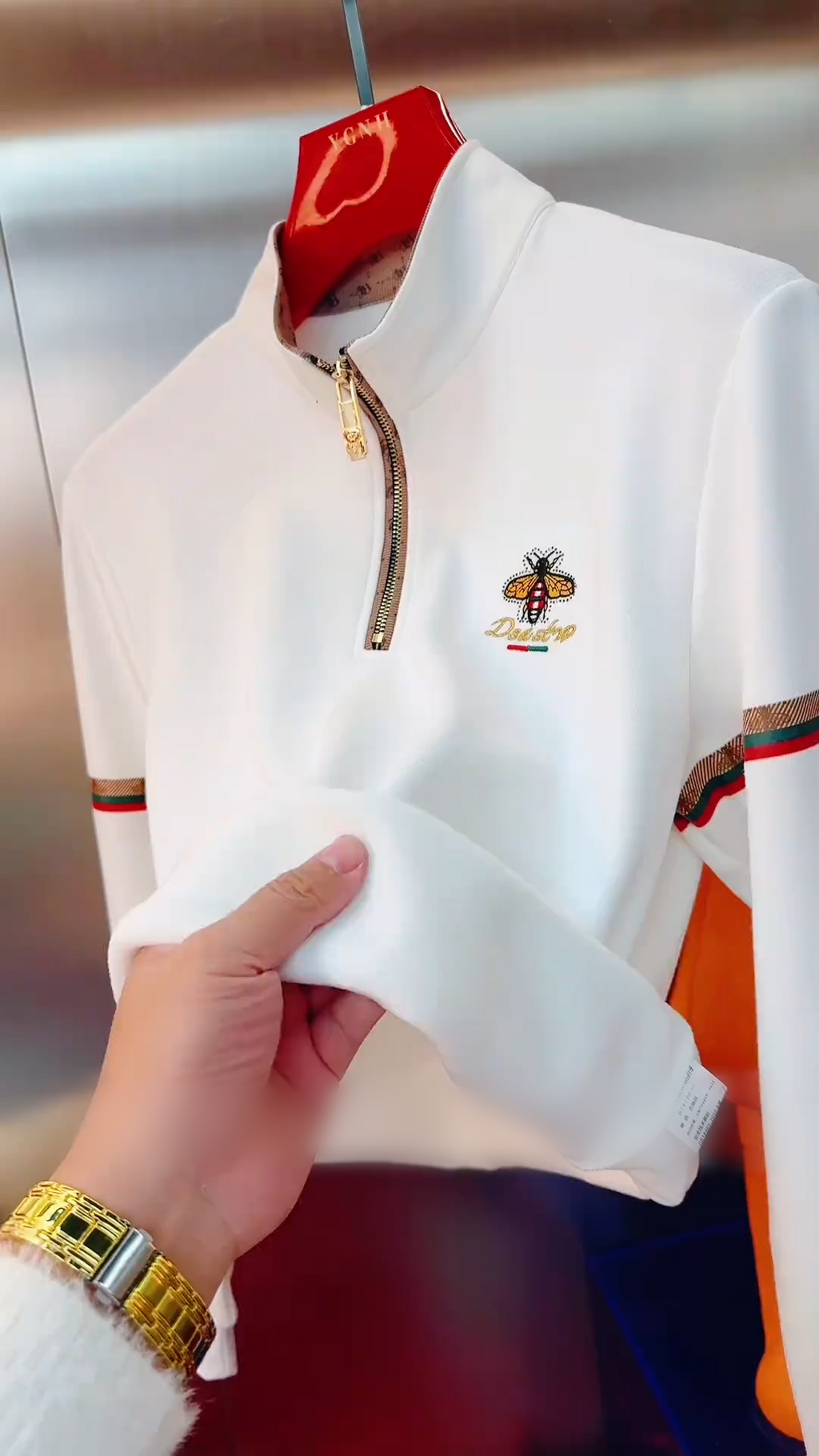 White Bee Embroidered Half-Zip Sweatshirt
