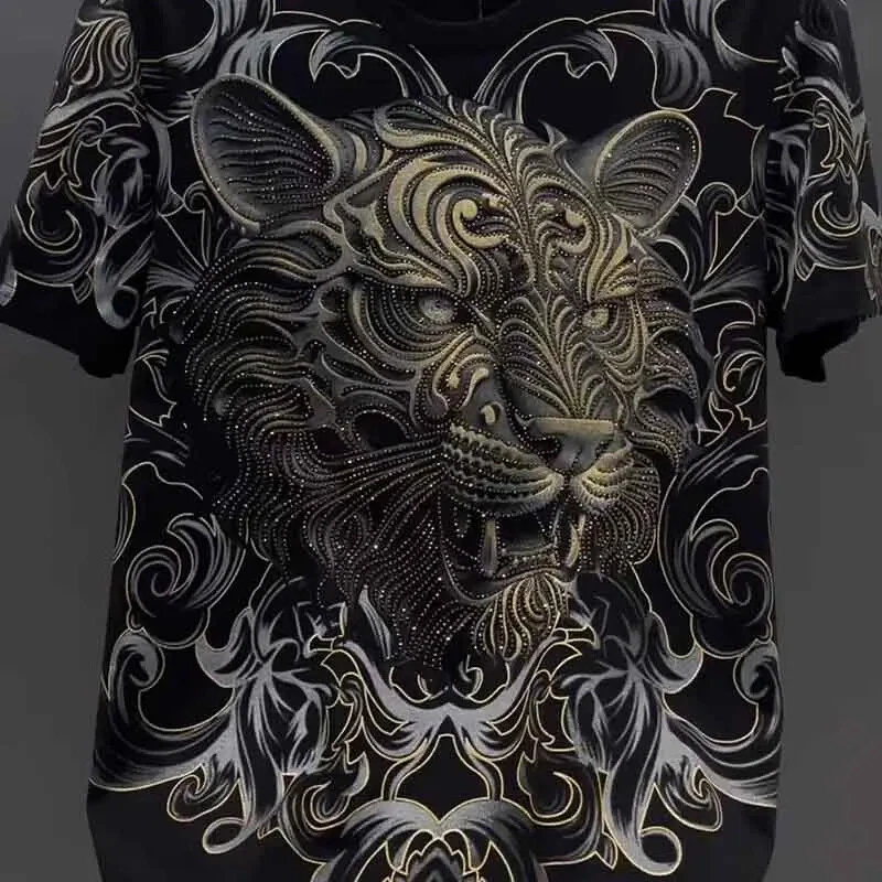 Black Rhinestone Tiger Head Graphic T-Shirt