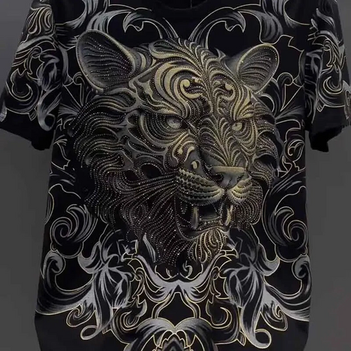Black Rhinestone Tiger Head Graphic T-Shirt
