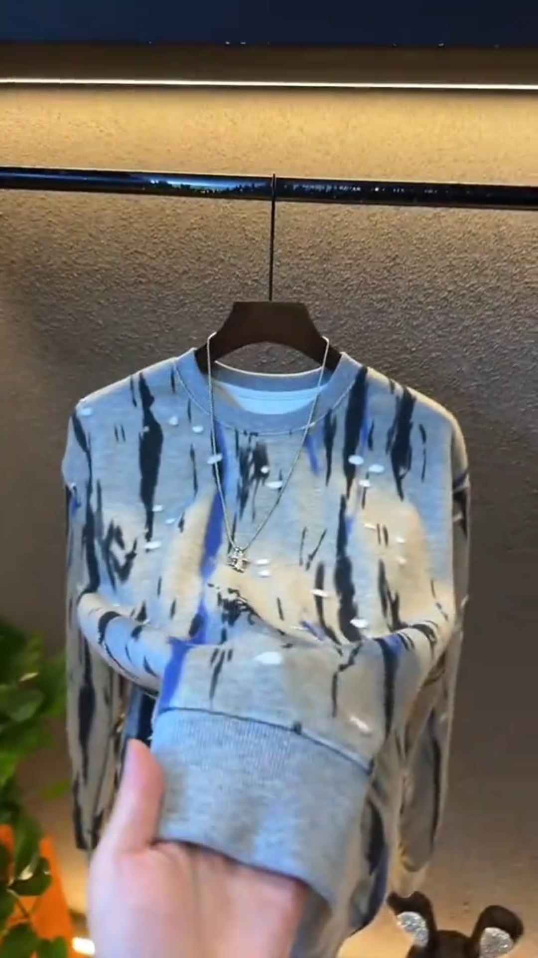Gray Blue Black Abstract Fringe Knit Sweatshirt