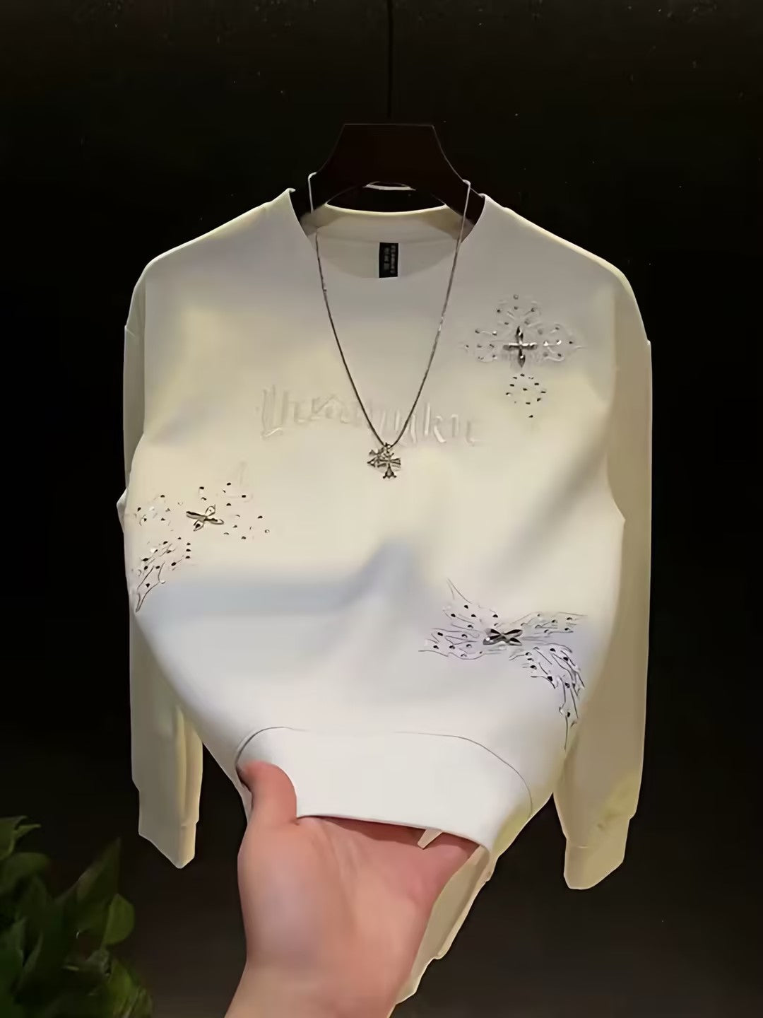 Rhinestone-embroidered Long-sleeve Sweatshirt