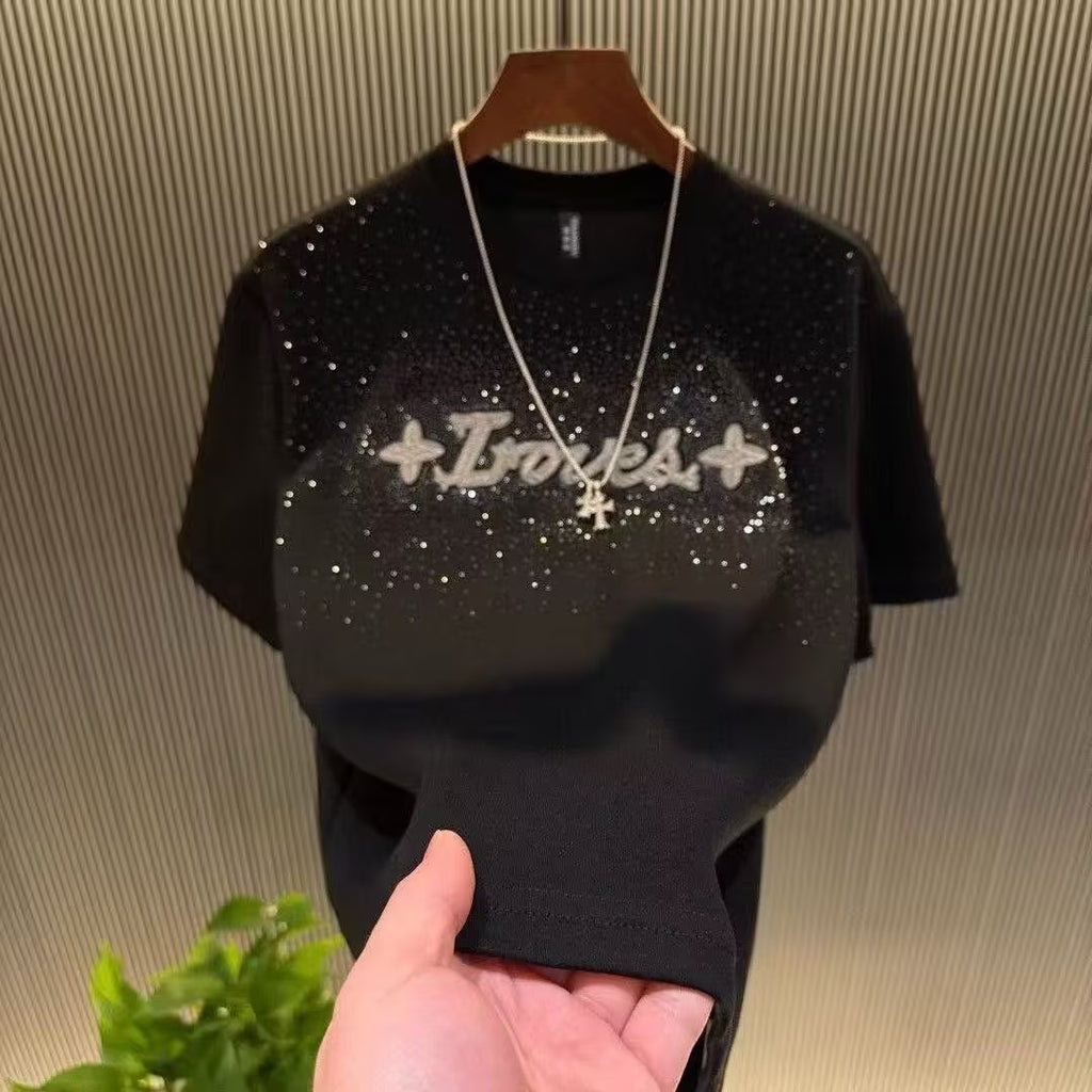 Rhinestone-Embellished T-Shirt with Starry-Sky Motif