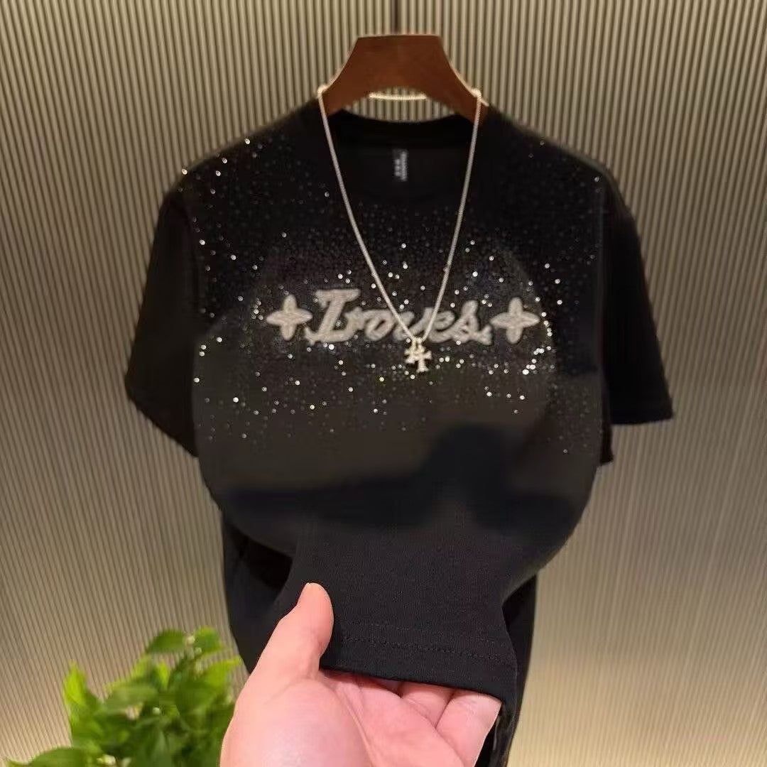 Rhinestone-Embellished T-Shirt with Starry-Sky Motif
