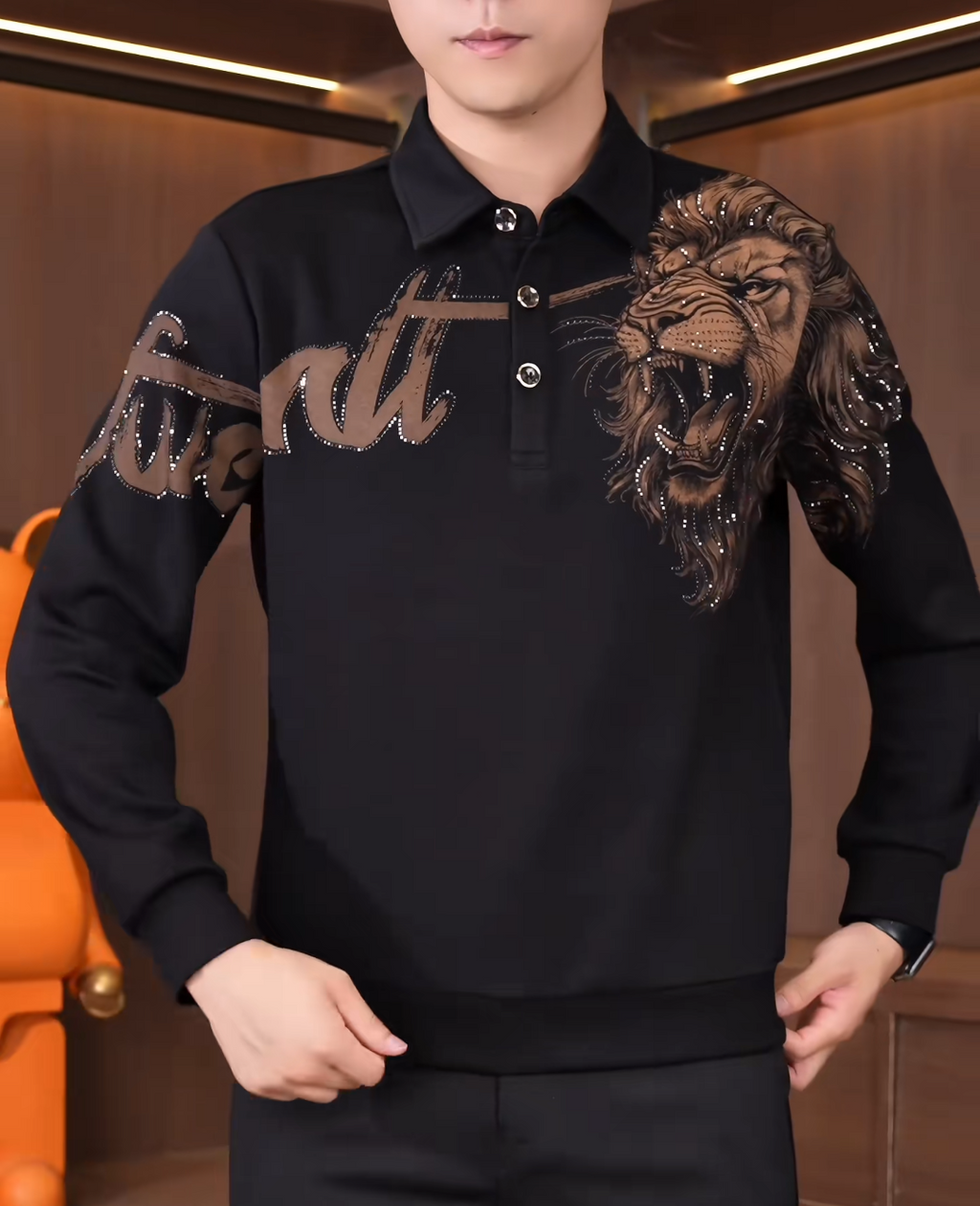 Long-Sleeve Rhinestone Gold Lion Polo Shirt