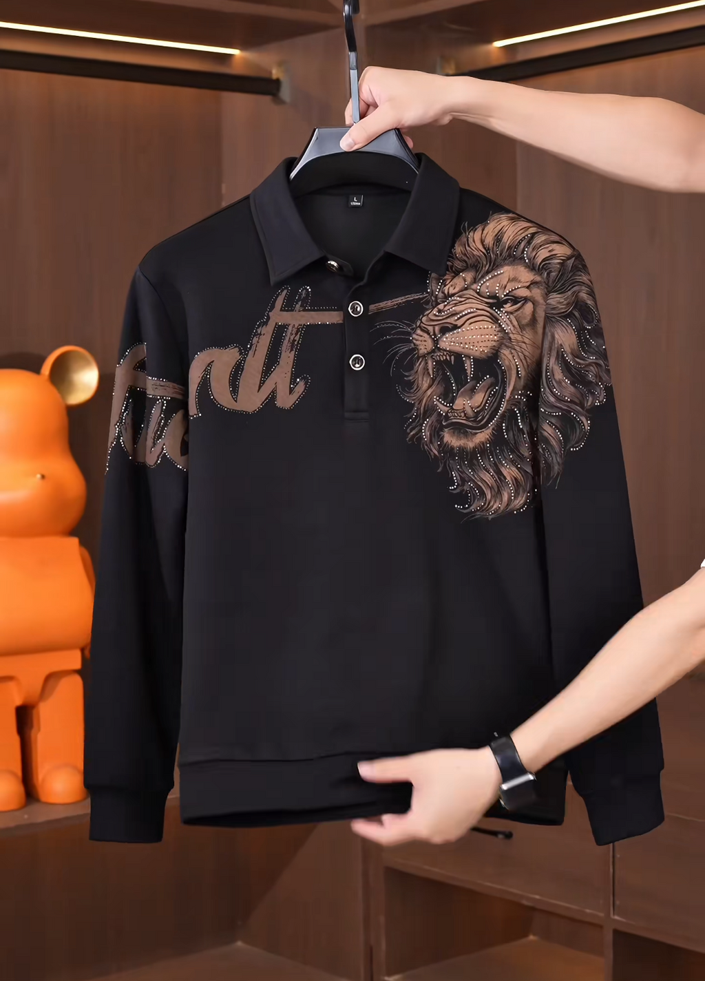 Long-Sleeve Rhinestone Gold Lion Polo Shirt