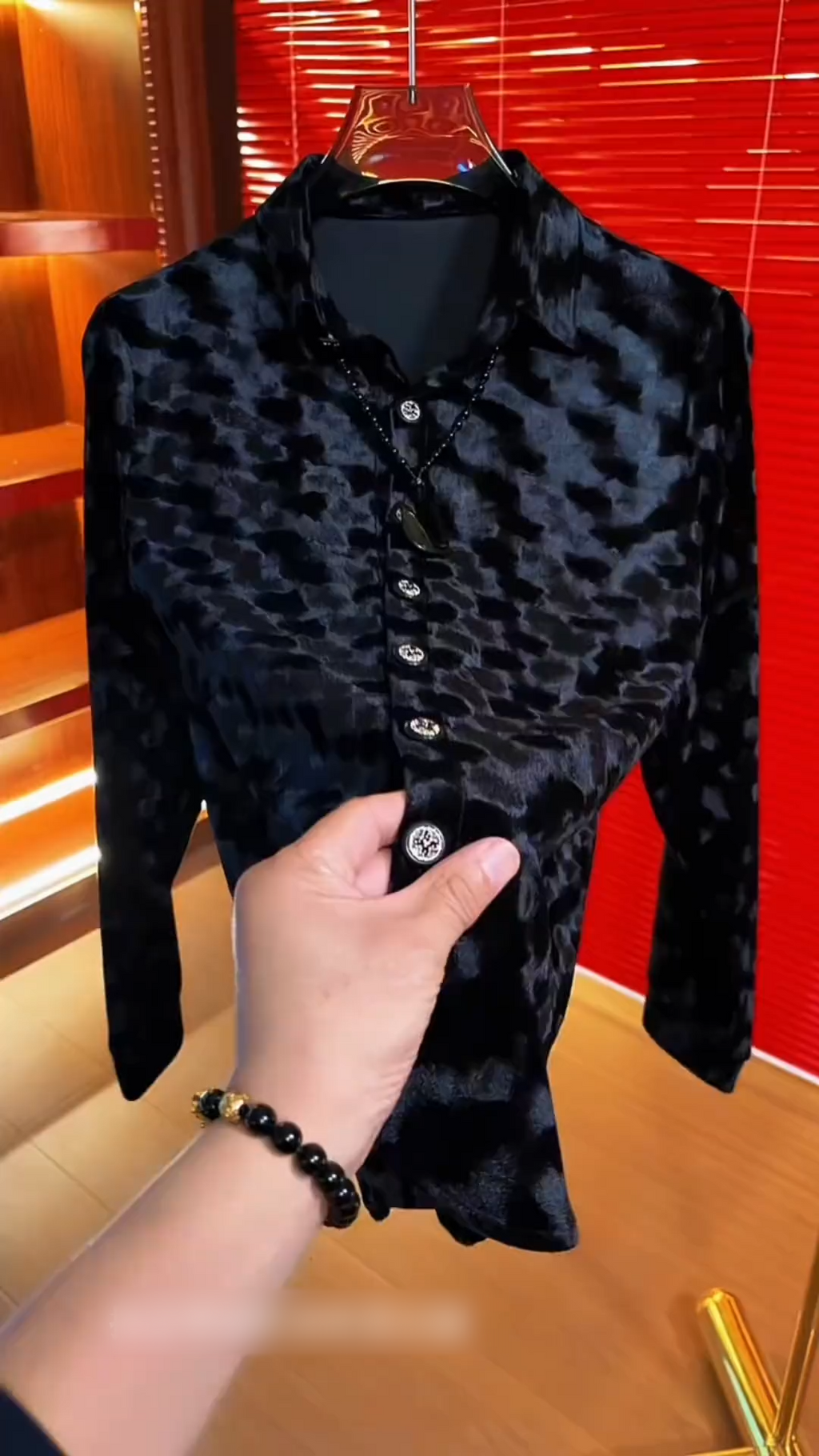 Black Velvet Textured Long Sleeve Shirt