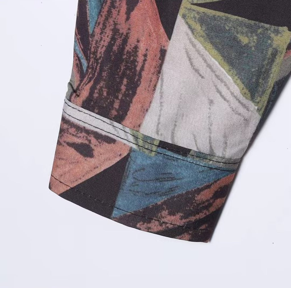 Retro Geometric Color-Block Shirt