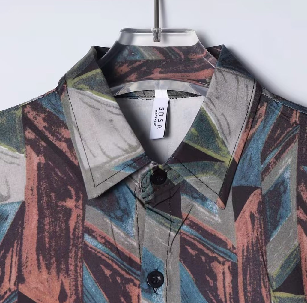 Retro Geometric Color-Block Shirt