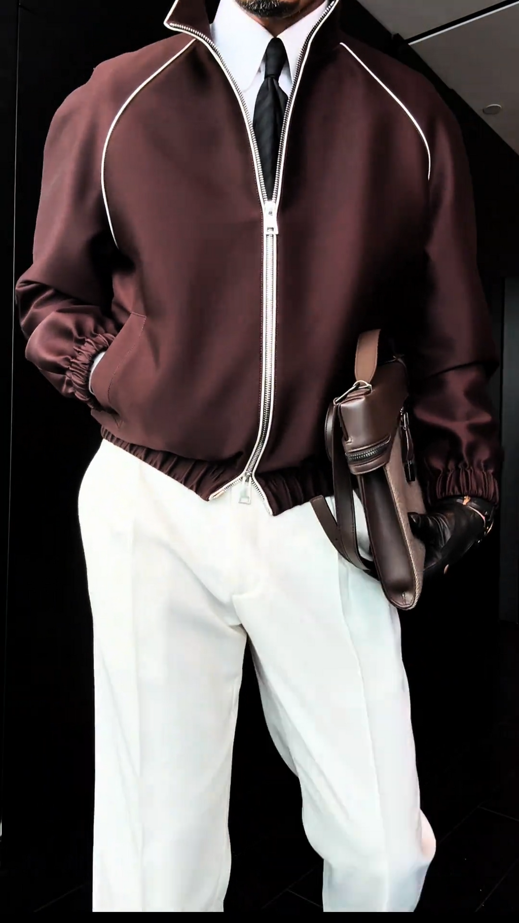 Brown Zip Jacket With White Piping