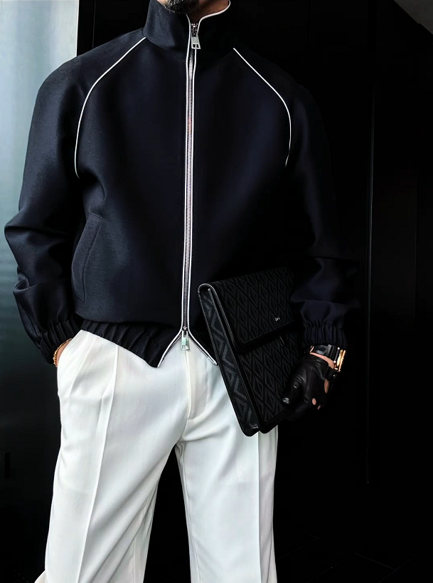 Brown Zip Jacket With White Piping