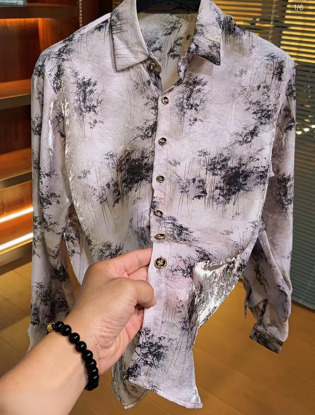 Vintage-Style Shirt With Ink-Wash Bamboo Print