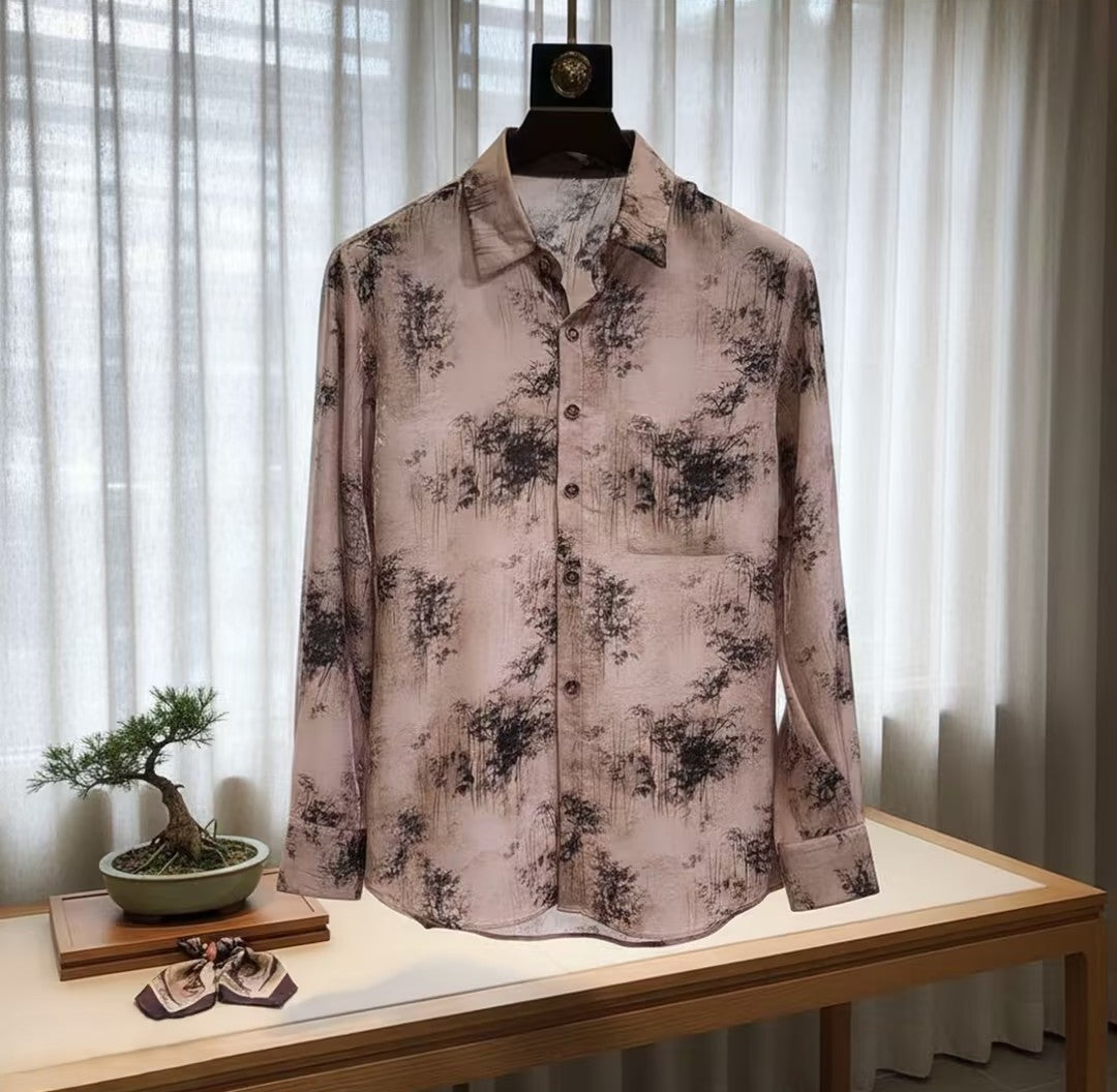 Vintage-Style Shirt With Ink-Wash Bamboo Print