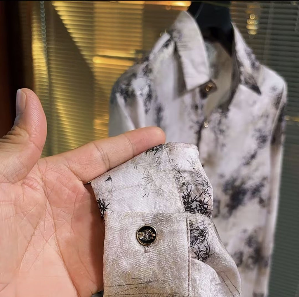 Vintage-Style Shirt With Ink-Wash Bamboo Print