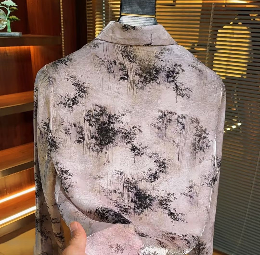 Vintage-Style Shirt With Ink-Wash Bamboo Print