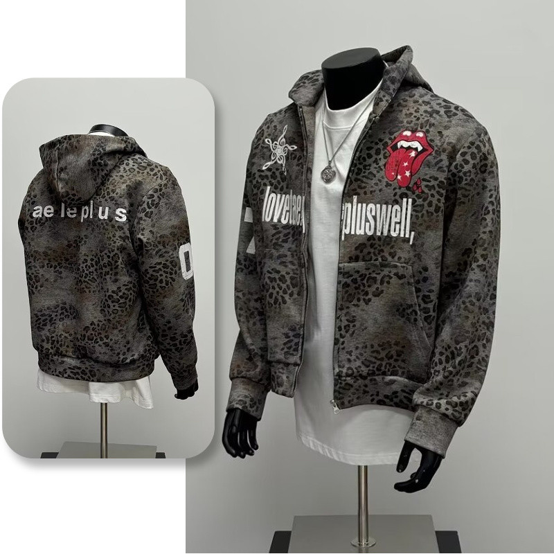 Leopard Print Lip Graphic Zip Hoodie