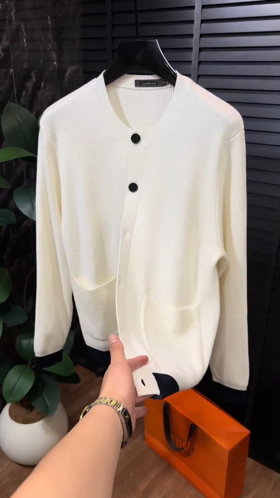 White Black Trim Knit Cardigan