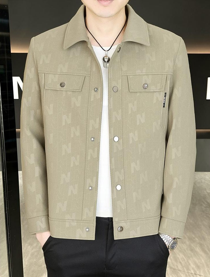 Letter-Jacquard Collared Jacket