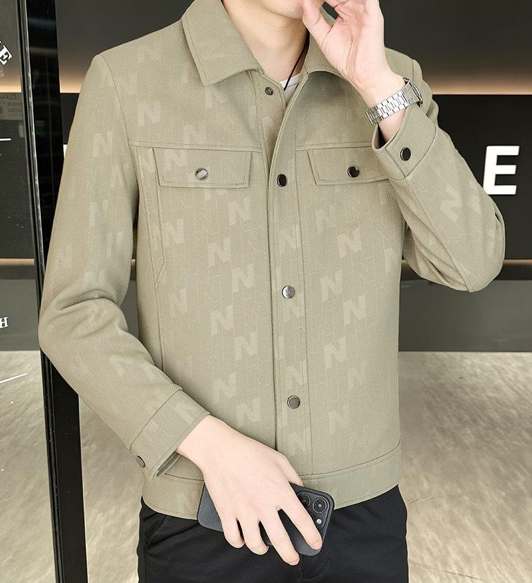 Letter-Jacquard Collared Jacket